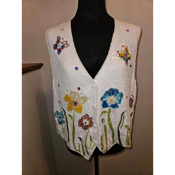Quacker Factory Jackets & Blazers - Quacker Factory Vest Flowers Butterflies White Sequin Size Medium